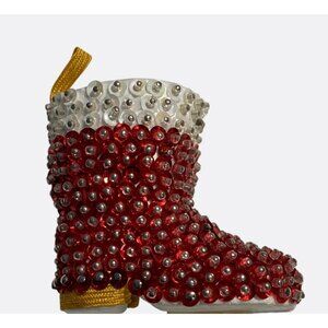 Handcrafted Beaded Red and White Boot Ornament With Sequins and Yellow Loop